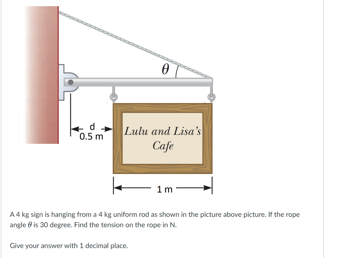 Þ
0.5 m
Ө
Lulu and Lisa's
Cafe
Give your answer with 1 decimal place.
1m
A 4 kg sign is hanging from a 4 kg uniform rod as shown in the picture above picture. If the rope
angle is 30 degree. Find the tension on the rope in N.