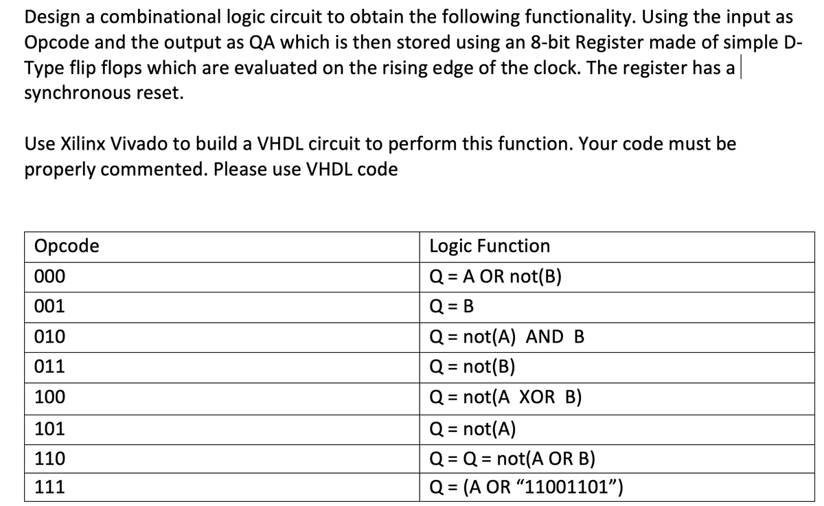 Design a combinational logic circuit to obtain the following functionality. Using the input as
Opcode and the output as QA which is then stored using an 8-bit Register made of simple D-
Type flip flops which are evaluated on the rising edge of the clock. The register has a
synchronous reset.
Use Xilinx Vivado to build a VHDL circuit to perform this function. Your code must be
properly commented. Please use VHDL code
Opcode
000
001
010
011
100
101
110
111
Logic Function
Q = A OR not(B)
Q = B
Q = not(A) AND B
Q = not (B)
Q = not(A XOR B)
Q = not(A)
Q = Q = not(A OR B)
Q = (A OR "11001101")