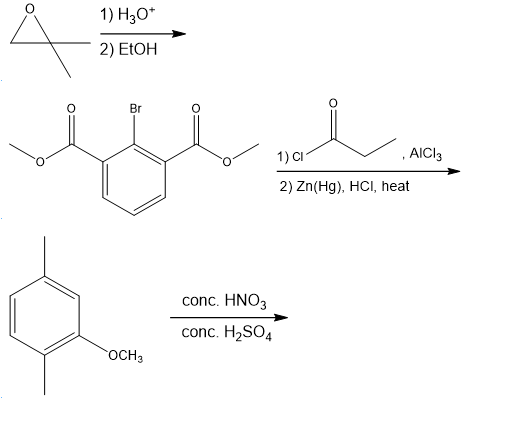 1) H30*
2) ELOH
Br
1) CI
, AICI3
2) Zn(Hg), HCI, heat
conc. HNO3
conc. H2SO4
OCH3
