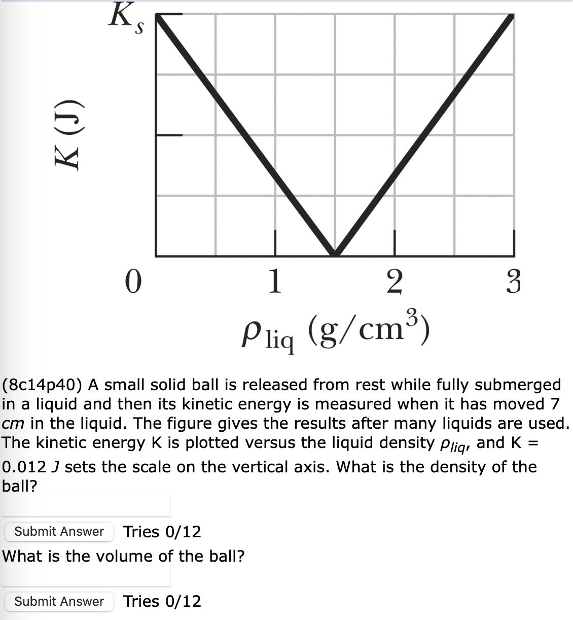 K (J)
K
S
0
1
2
3
Pliq (g/cm³)
(8c14p40) A small solid ball is released from rest while fully submerged
in a liquid and then its kinetic energy is measured when it has moved 7
cm in the liquid. The figure gives the results after many liquids are used.
The kinetic energy K is plotted versus the liquid density Pliq, and K =
0.012 J sets the scale on the vertical axis. What is the density of the
ball?
Submit Answer Tries 0/12
What is the volume of the ball?
Submit Answer
Tries 0/12