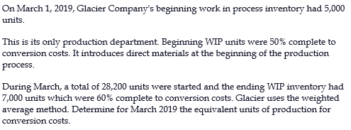 On March 1, 2019, Glacier Company's beginning work in process inventory had 5,000
units.
This is its only production department. Beginning WIP units were 50% complete to
conversion costs. It introduces direct materials at the beginning of the production
process.
During March, a total of 28,200 units were started and the ending WIP inventory had
7,000 units which were 60% complete to conversion costs. Glacier uses the weighted
average method. Determine for March 2019 the equivalent units of production for
conversion costs.
