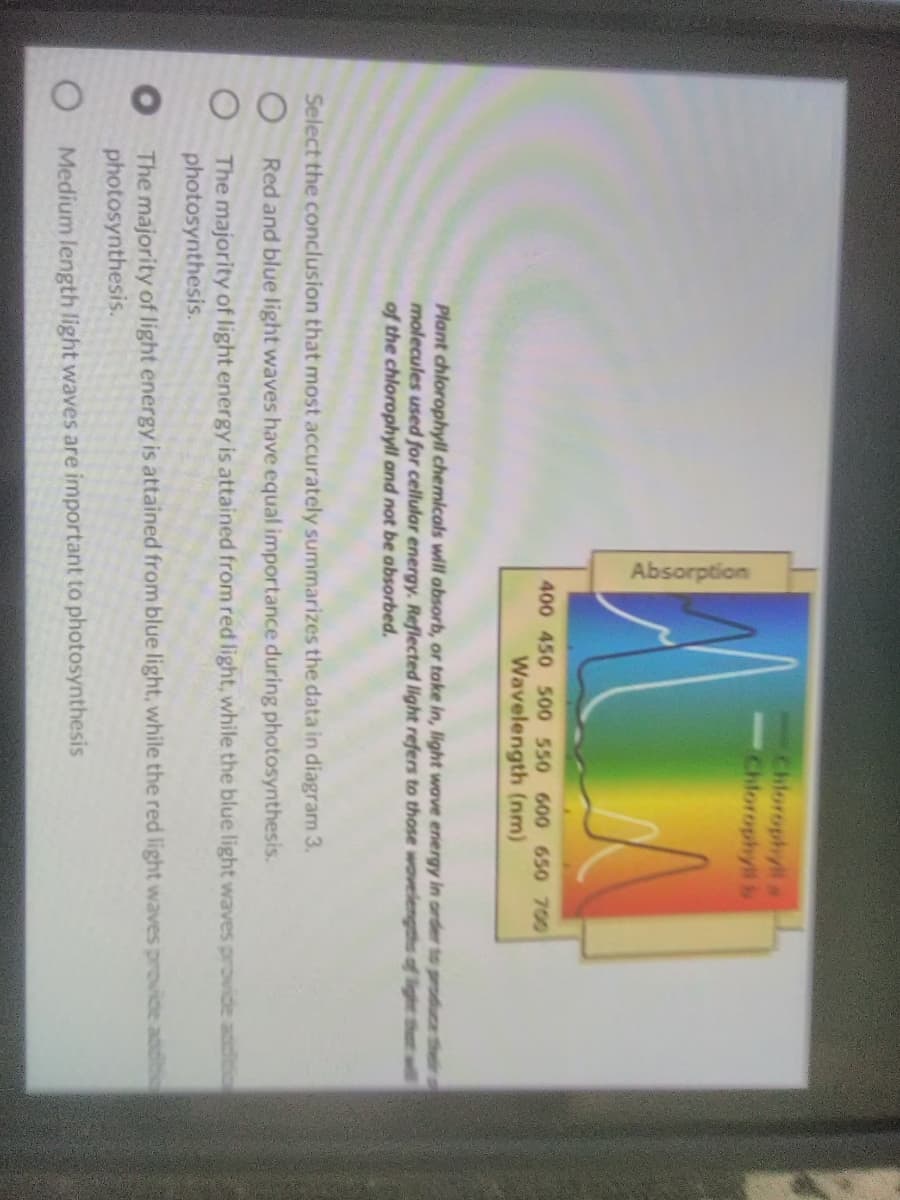 Absorption
Chlorophyll a
Chlorophyll s
400 450 500 550 600 650 700
Wavelength (nm)
Plant chlorophyll chemicals will absorb, or take in, light wave eniergy in arder to produce ther
molecules used for cellular energy. Reflected light refers to those wovelengths of light thet will
of the chlorophyll and not be absorbed.
Select the conclusion that most accurately summarizes the data in diagram 3.
Red and blue light waves have equal importance during photosynthesis.
The majority of light energy is attained from red light, while the blue light waves provide additiicn
photosynthesis.
The majority of light energy is attained from blue light, while the red light waves provide ado
photosynthesis.
O Medium length light waves are important to photosynthesis
