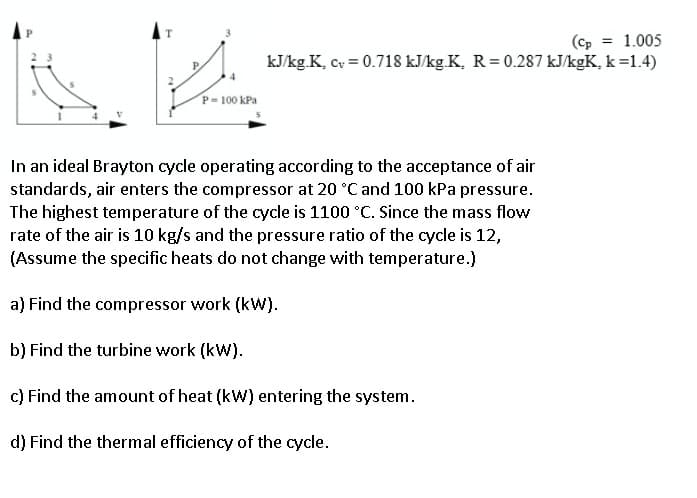 (cp = 1.005
kJ/kg.K, cy = 0.718 kJ/kg.K, R= 0.287 kJ/kgK, k=1.4)
%3D
P= 100 kPa
In an ideal Brayton cycle operating according to the acceptance of air
standards, air enters the compressor at 20 °C and 100 kPa pressure.
The highest temperature of the cycle is 1100 °C. Since the mass flow
rate of the air is 10 kg/s and the pressure ratio of the cycle is 12,
(Assume the specific heats do not change with temperature.)
a) Find the compressor work (kW).
b) Find the turbine work (kw).
c) Find the amount of heat (kW) entering the system.
d) Find the thermal efficiency of the cycle.
