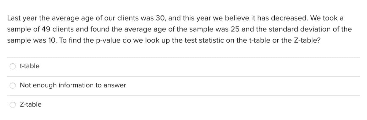 Last
year the average age of our clients was 30, and this year we believe it has decreased. We took a
sample of 49 clients and found the average age of the sample was 25 and the standard deviation of the
sample was 1O. To find the p-value do we look up the test statistic on the t-table or the Z-table?
t-table
Not enough information to answer
Z-table
