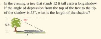 In the evening, a tree that stands 12 ft tall casts a long shadow.
If the angle of depression from the top of the tree to the tip
of the shadow is 55°, what is the length of the shadow?
12 ft

