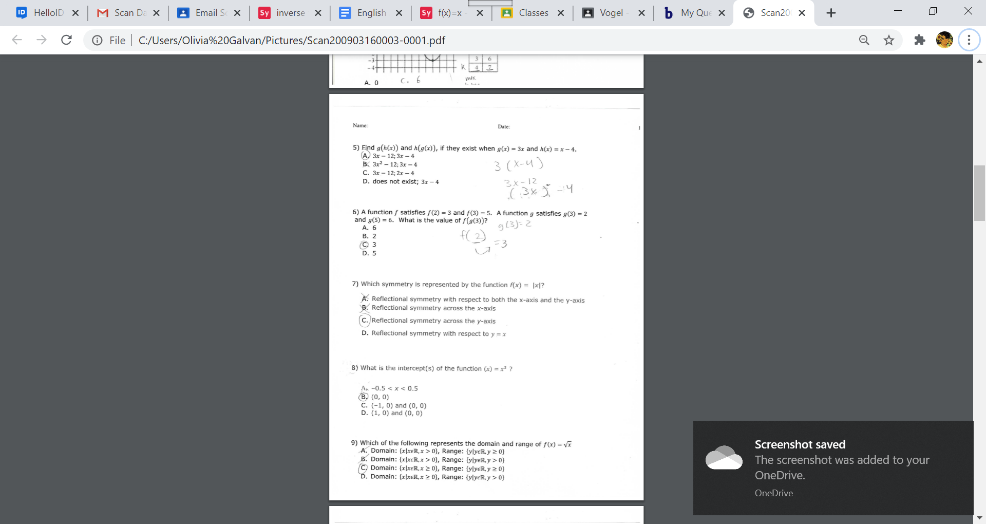 Name:
Date:
5) Find g(h(x)) and h(g(x)), if they exist when g(x) = 3x and h(x) = x – 4.
А) Зк - 12: 3х — 4
В. Зх? — 12: Зх - 4
C. 3x - 12; 2x – 4
3 (X-4)
D. does not exist; 3x -4
3x-12
