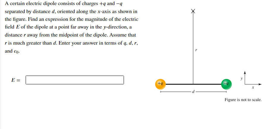 A certain electric dipole consists of charges +q and -q
separated by distance d, oriented along the x-axis as shown in
the figure. Find an expression for the magnitude of the electric
field E of the dipole at a point far away in the y-direction, a
distance r away from the midpoint of the dipole. Assume that
r is much greater than d. Enter your answer in terms of q, d, r,
and €o.
E =
+9
Figure is not to scale.
