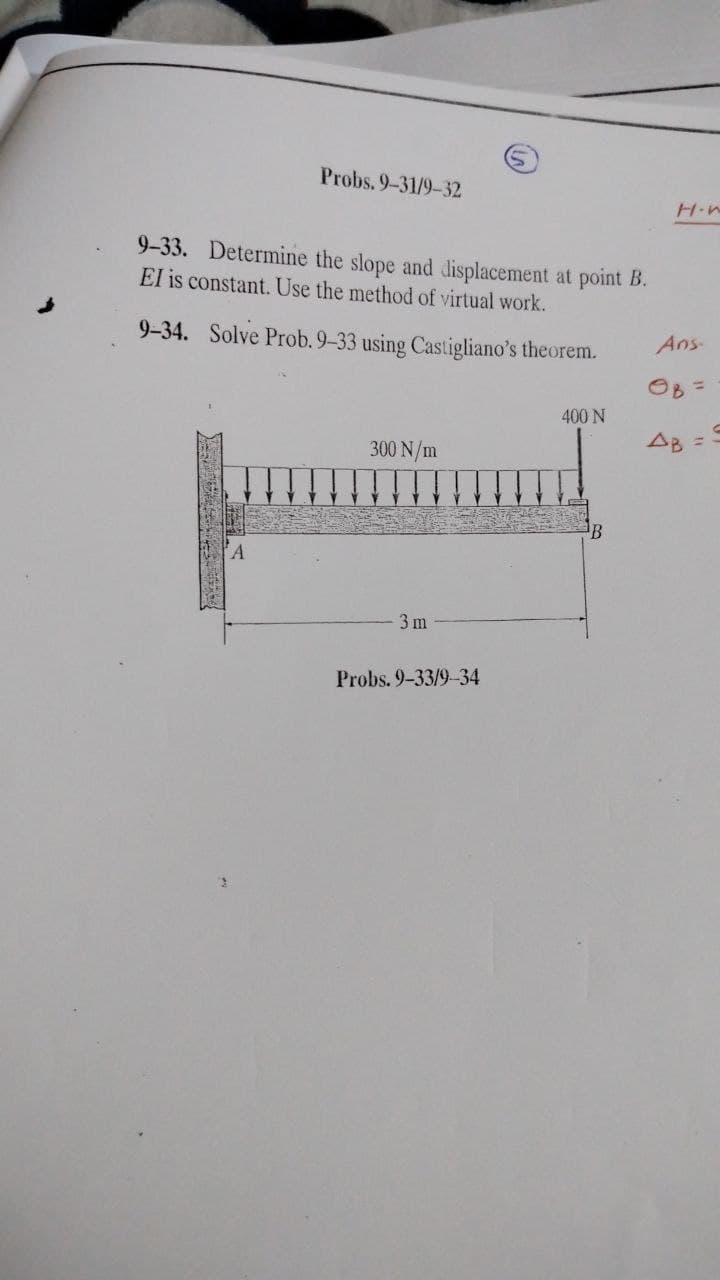 Probs. 9-31/9-32
9-33. Determine the slope and displacement at point B.
El is constant. Use the method of virtual work.
9-34. Solve Prob. 9-33 using Castigliano's theorem.
A
300 N/m
3 m
Probs. 9-33/9-34
400 N
H-W
Ans-
AB=