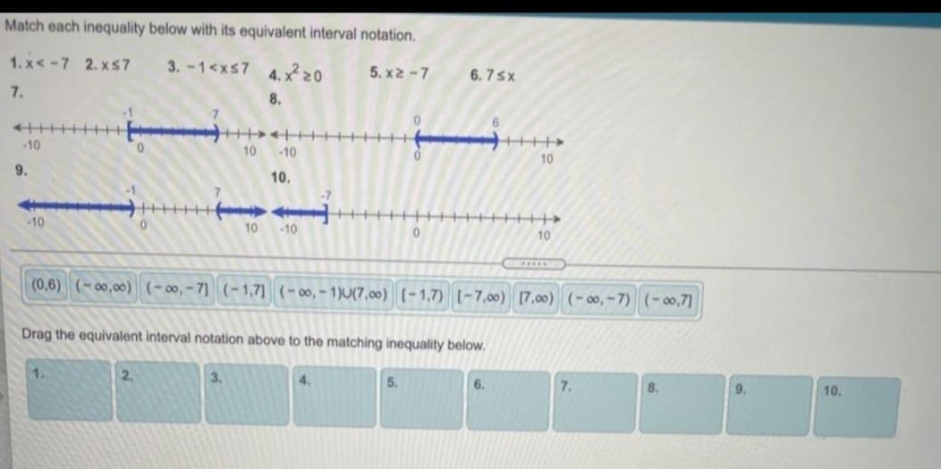 Match each inequality below with its equivalent interval notation.
1. x< -7 2. xs7
3.-1<xs7 4. x² 20
5. x2 -7
6. 7sx
7.
8.
6.
-10
+++++
0.
10
-10
10
9.
10.
-7
H ++ +
++++++++>
10
10
-10
10
....
(0,6) (- 00,00) (-00,-7] (-1,7] (-00, - 1)U(7,00) [-1,7) [-7,00) [7,00) (-00,-7) (- 00,7]
Drag the equivalent interval notation above to the matching inequality below.
1.
2.
3.
4.
5.
6.
7.
8.
10.
