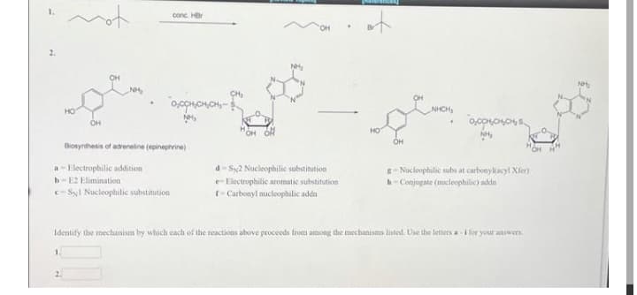 not
of
conc HBr
2.
NH
NH,
NH
CH
HO
NHCH
NH,
OH
OH OR
HO
Biosynthesis of adreneline (epinephrine)
a- Electrophilic addition
d- Sy2 Nucleophilic substitution
E- Nucloophilie subs at carbonyliacyl Xfer)
h- Conjugate (nocleophilic) addn
b-E2 Elimination
e- Electrophilic aromatic substitution
c- SyI Nucleophilic substitution
- Carbonyl nucloophilic adda
Identify the mechanism by which cach of the reactions above proceeds from among the mechanisms listed. Use the letters a -i for your answers
2.
