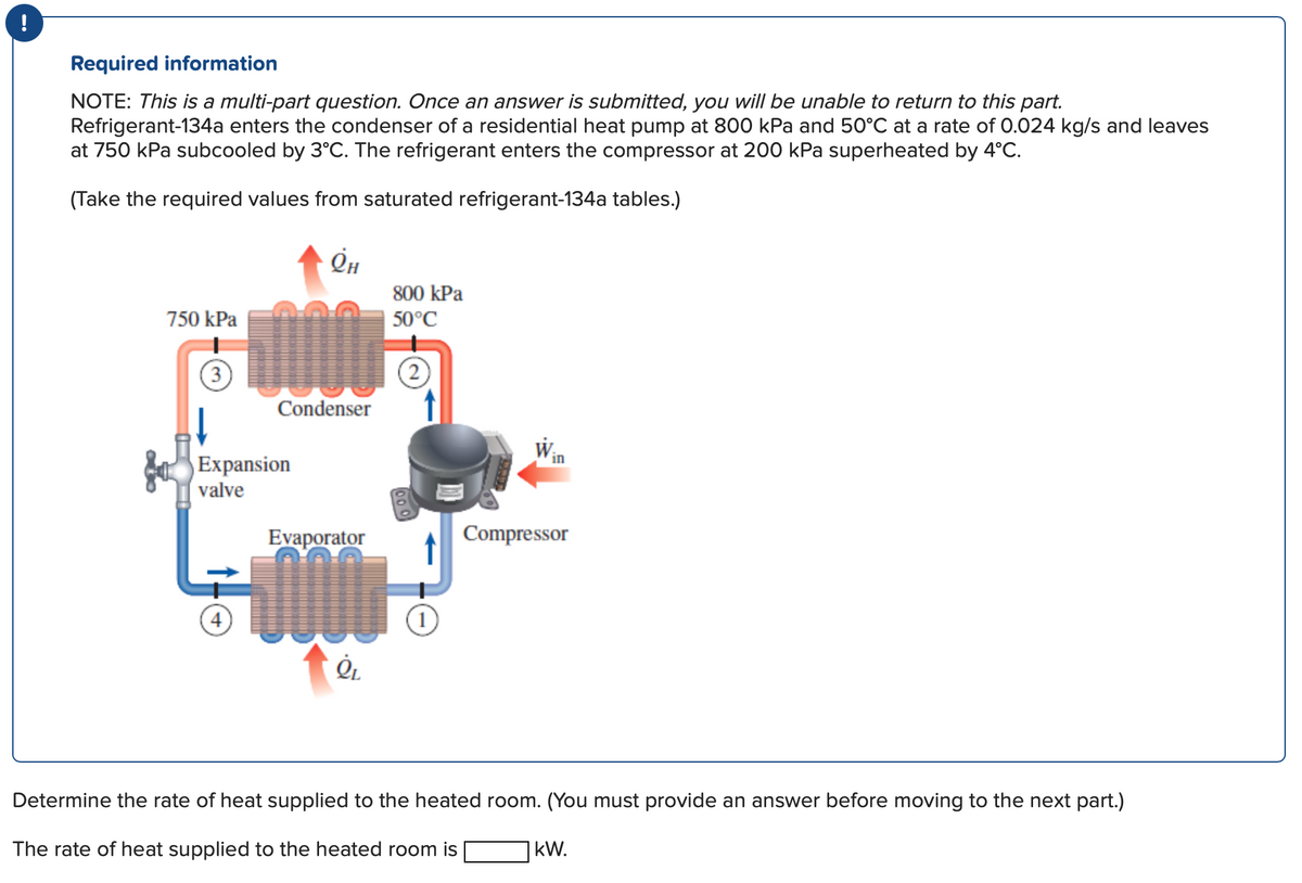 !
Required information
NOTE: This is a multi-part question. Once an answer is submitted, you will be unable to return to this part.
Refrigerant-134a enters the condenser of a residential heat pump at 800 kPa and 50°C at a rate of 0.024 kg/s and leaves
at 750 kPa subcooled by 3°C. The refrigerant enters the compressor at 200 kPa superheated by 4°C.
(Take the required values from saturated refrigerant-134a tables.)
Он
750 kPa
(3)
Condenser
Expansion
valve
Evaporator
+M
Q₁
800 kPa
50°C
Compressor
Determine the rate of heat supplied to the heated room. (You must provide an answer before moving to the next part.)
The rate of heat supplied to the heated room is
kW.