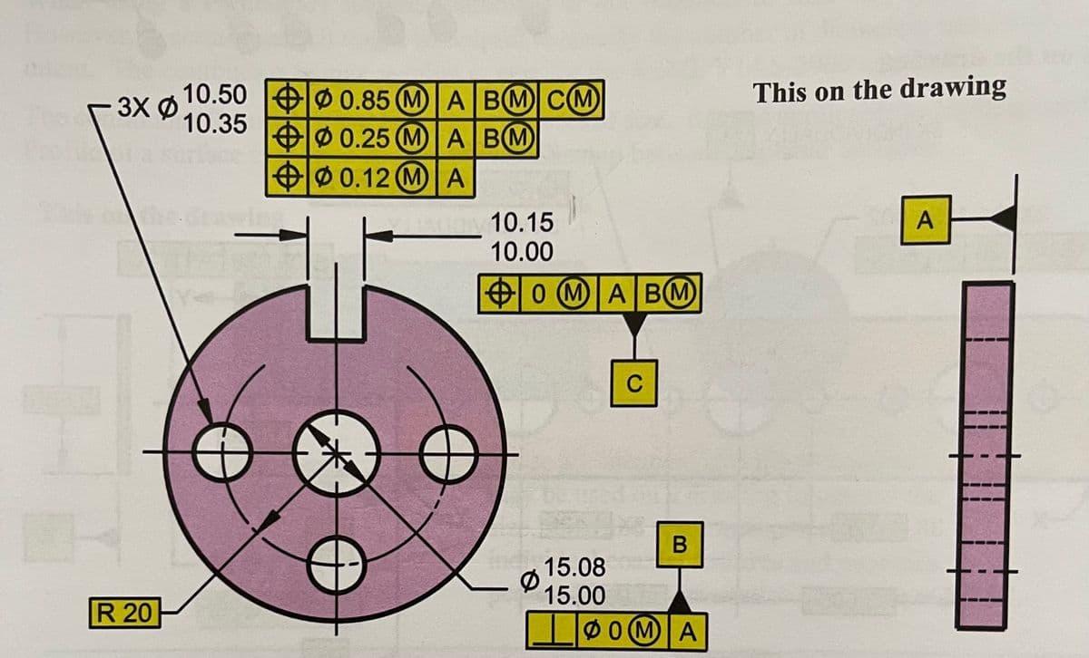 This on the drawing
10.50 OØ 0.85 (MA BM CM
3X Ø
10.35
Ø0.25 (MA BM
0.12 (MA
A
10.15
10.00
0 MABM
C
15.08
15.00
R 20
00 MA
