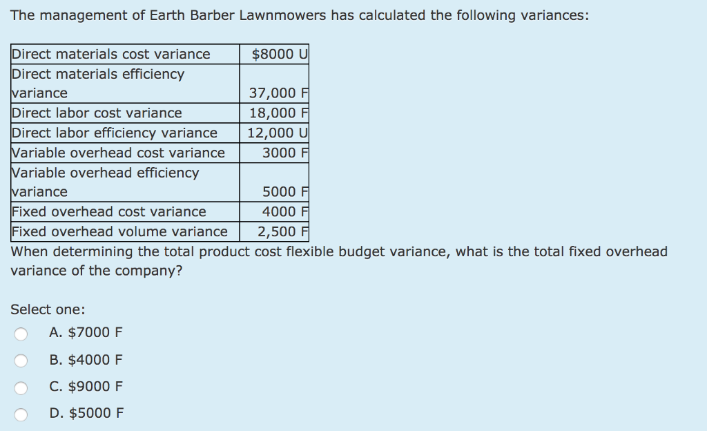 The management of Earth Barber Lawnmowers has calculated the following variances:
Direct materials cost variance
Direct materials efficiency
variance
Direct labor cost variance
Direct labor efficiency variance
Variable overhead cost variance
Variable overhead efficiency
variance
Select one:
$8000 U
5000 F
Fixed overhead cost variance
4000 F
Fixed overhead volume variance
2,500 F
When determining the total product cost flexible budget variance, what is the total fixed overhead
variance of the company?
A. $7000 F
B. $4000 F
C. $9000 F
D. $5000 F
37,000 F
18,000 F
12,000 U
3000 F