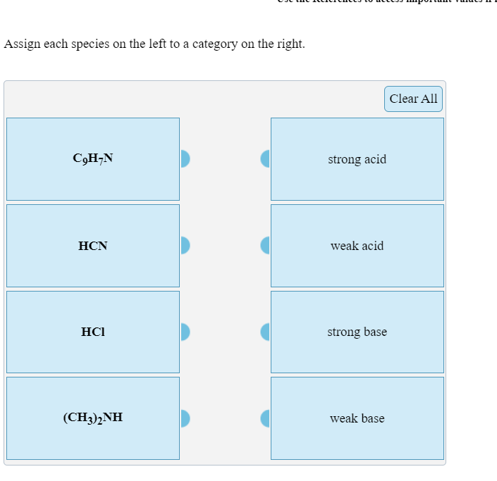 Assign each species on the left to a category on the right.
Clear All
C9H¬N
strong acid
HCN
weak acid
HCI
strong base
(CH3)2NH
weak base
