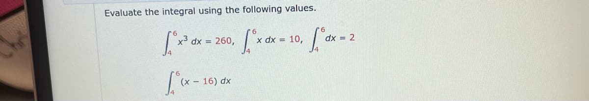 Evaluate the integral using the following values.
[°x³ dx = 260, fº
(x - 16) dx
[°x dx = 10, [°dx = 2