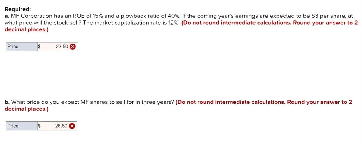 Required:
a. MF Corporation has an ROE of 15% and a plowback ratio of 40%. If the coming year's earnings are expected to be $3 per share, at
what price will the stock sell? The market capitalization rate is 12%. (Do not round intermediate calculations. Round your answer to 2
decimal places.)
Price
$
Price
b. What price do you expect MF shares to sell for in three years? (Do not round intermediate calculations. Round your answer to 2
decimal places.)
22.50
$
26.80 x