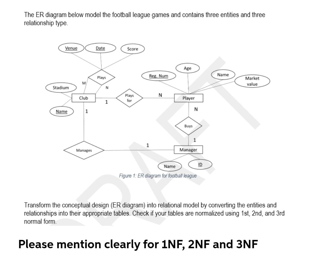 The ER diagram below model the football league games and contains three entities and three
relationship type.
Venue
Date
Score
Age
Plays
Reg. Num
Name
Market
M.
value
Stadium
N
Plays
Club
Player
for
1
N
Name
1
Buys
1
1
Manages
Manager
Name
ID
Figure 1: ER diagram for football league
Transform the conceptual design (ER diagram) into relational model by converting the entities and
relationships into their appropriate tables. Check if your tables are normalized using 1st, 2nd, and 3rd
normal form.
Please mention clearly for 1NF, 2NF and 3NF
