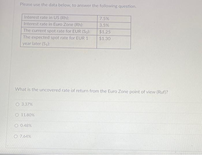 Please use the data below, to answer the following question.
Interest rate in US (Rh):
Interest rate in Euro Zone (Rh):
The current spot rate for EUR (SO):
The expected spot rate for EUR 1
year later (S₁):
What is the uncovered rate of return from the Euro Zone point of view (Ruf)?
O 3.37%
O 11.80%
O 0.48%
7.5%
3.5%
$1.25
$1.30
7.64%