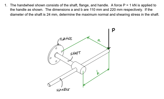 1. The handwheel shown consists of the shaft, flange, and handle. A force P = 1 kN is applied to
the handle as shown. The dimensions a and b are 110 mm and 220 mm respectively. If the
diameter of the shaft is 24 mm, determine the maximum normal and shearing stress in the shaft.
FLANGE
a
SHAFT
HANDLE
