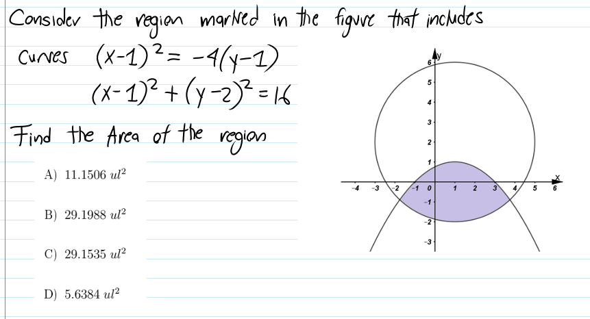 Consider the regiean
marked in the figure that includes
(x-1)²= -4(y-1)
(x-1)² + (y-2)² = 16
Find the Arca of the regian
Curves
5
A) 11.1506 ul²
2
2
5
B) 29.1988 ul?
C) 29.1535 ul?
D) 5.6384 ul?
2.
