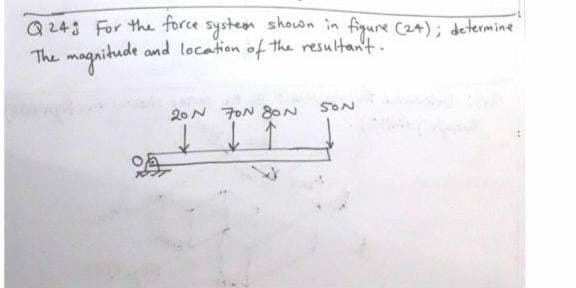 Q24 For the force system shown in figure C24); determine
The magnitude and location of the resultant.
20N FON 8ON
SON
