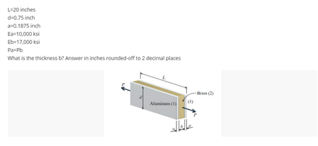 L-20 inches
d-0.75 inch
a=0.1875 inch
Ea-10,000 ksi
Eb-17,000 ksi
Pa=Pb
What is the thickness b? Answer in inches rounded-off to 2 decimal places
Aluminum (1)
المالك