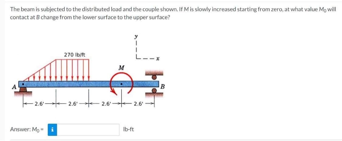 The beam is subjected to the distributed load and the couple shown. If M is slowly increased starting from zero, at what value Mo will
contact at B change from the lower surface to the upper surface?
2.6'
Answer: Mo = i
270 lb/ft
2.6'
+
19
2.6'
M
y
I
1
L11x
2.6'
lb-ft