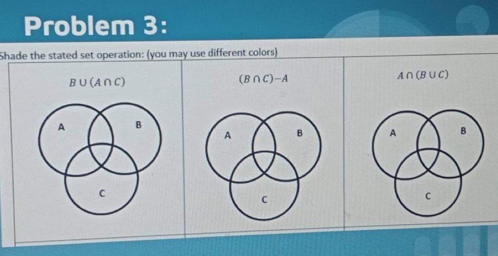 Problem 3:
Shade the stated set operation: (you may use different colors)
BU (ANC)
(BNC)-A
B
A
AN (BUC)