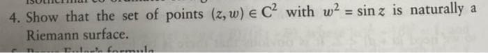 4. Show that the set of points (z, w) e C with w2 = sin z is naturally a
Riemann surface.
%3D
