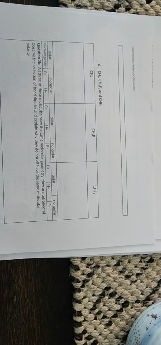 Experiment: Molecular Geometry
d. CH₁, CH₂F, and CHF,
CH₁
CH₂F
polar
Electronegativity C=
polar
CHF3
nonpolar
nonpolar
H=
polar
H=
nonpolar
F=
C=
F=
C=
H-
Question 2b: All three of these molecules have the same molecular geometry; they are tetrahedral.
Observe the collection of bond dipoles and explain why they do not all have the same molecular
polarity