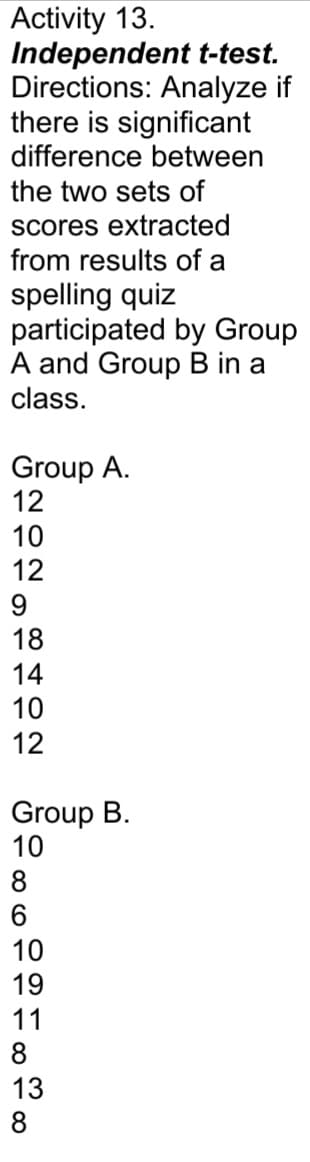 Activity 13.
Independent t-test.
Directions: Analyze if
there is significant
difference between
the two sets of
scores extracted
from results of a
spelling quiz
participated by Group
A and Group B in a
class.
Group A.
12
10
12
9
18
14
10
12
Group B.
10
8
10
19
11
8
13
8
