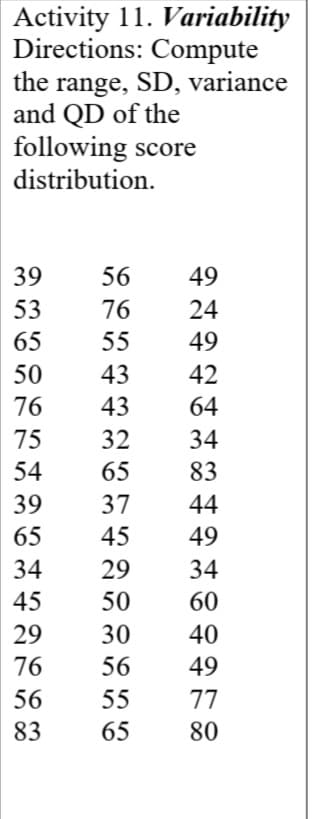 Activity 11. Variability
Directions: Compute
the range, SD, variance
and QD of the
following score
distribution.
39
56
49
53
76
24
65
55
49
50
43
42
76
43
64
75
32
34
54
65
83
39
37
44
65
45
49
34
29
34
45
50
60
29
30
40
76
56
49
56
55
77
83
65
80
