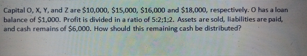 Capital O, X, Y, and Z are $10,000, $15,000, $16,000 and $18,000, respectively. O has a loan
balance of $1,000. Profit is divided in a ratio of 5:2;1;2. Assets are sold, liabilities are paid,
and cash remains of $6,000. How should this remaining cash be distributed?
