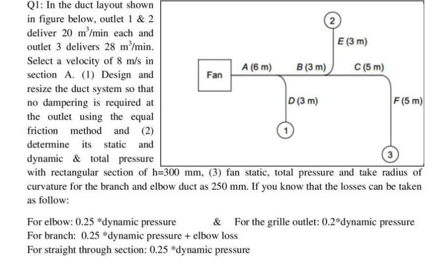 Ql: In the duct layout shown
in figure below, outlet 1 & 2
deliver 20 m'/min each and
2
E (3 m)
outlet 3 delivers 28 m/min.
Select a velocity of 8 m/s in
section A. (1) Design and
resize the duct system so that
A (6 m)
B (3 m)
C (5 m)
Fan
D (3 m)
F(5 m)
no dampering is required at
the outlet using the equal
friction method and (2)
determine its
static and
3
dynamic & total pressure
with rectangular section of h=300 mm, (3) fan static, total pressure and take radius of
curvature for the branch and elbow duct as 250 mm. If you know that the losses can be taken
as follow:
For elbow: 0.25 *dynamic pressure
For branch: 0.25 *dynamic pressure + elbow loss
&
For the grille outlet: 0.2*dynamic pressure
For straight through section: 0.25 *dynamic pressure
