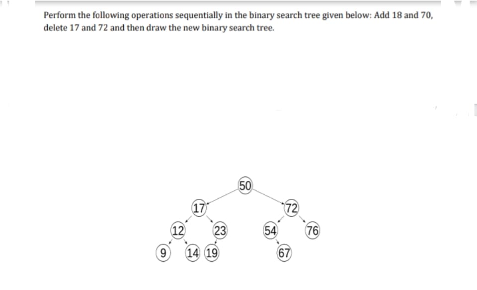 Perform the following operations sequentially in the binary search tree given below: Add 18 and 70,
delete 17 and 72 and then draw the new binary search tree.
50
17
72
12
23
54
76
14 19
67
