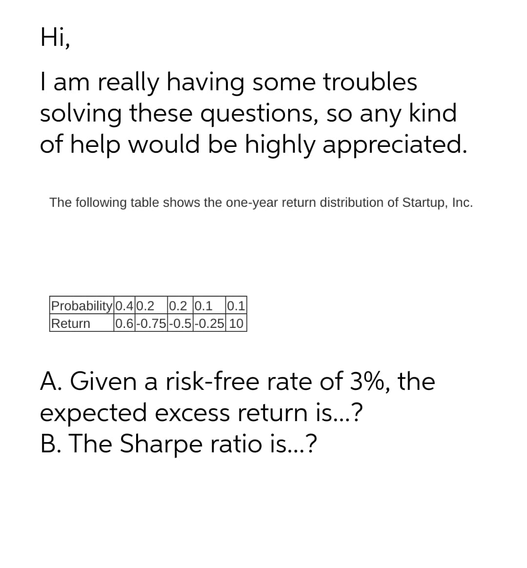 Hi,
T am really having some troubles
solving these questions, so any kind
of help would be highly appreciated.
The following table shows the one-year return distribution of Startup, Inc.
Probability 0.4 0.2
Return
0.2 0.1
0.1
|0.6-0.75|-0.5|-0.25| 10
A. Given a risk-free rate of 3%, the
expected excess return is...?
B. The Sharpe ratio is...?
