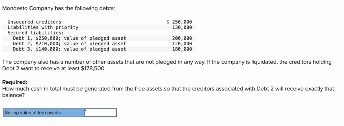 Mondesto Company has the following debts:
Unsecured creditors
Liabilities with priority
Secured liabilities:
Debt 1, $250,000; value of pledged asset
Debt 2, $210,000; value of pledged asset
Debt 3, $140,000; value of pledged asset
$ 250,000
130,000
200,000
120,000
180,000
The company also has a number of other assets that are not pledged in any way. If the company is liquidated, the creditors holding
Debt 2 want to receive at least $178,500.
Selling value of free assets
Required:
How much cash in total must be generated from the free assets so that the creditors associated with Debt 2 will receive exactly that
balance?