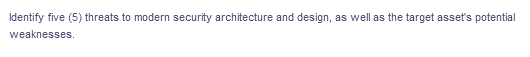 Identify five (5) threats to modern security architecture and design, as well as the target asset's potential
weaknesses.
