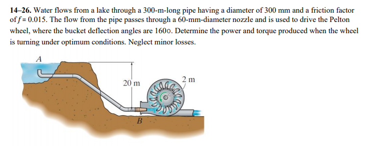 14-26. Water flows from a lake through a 300-m-long pipe having a diameter of 300 mm and a friction factor
of f = 0.015. The flow from the pipe passes through a 60-mm-diameter nozzle and is used to drive the Pelton
wheel, where the bucket deflection angles are 160o. Determine the power and torque produced when the wheel
is turning under optimum conditions. Neglect minor losses.
2 m
20 m
B
