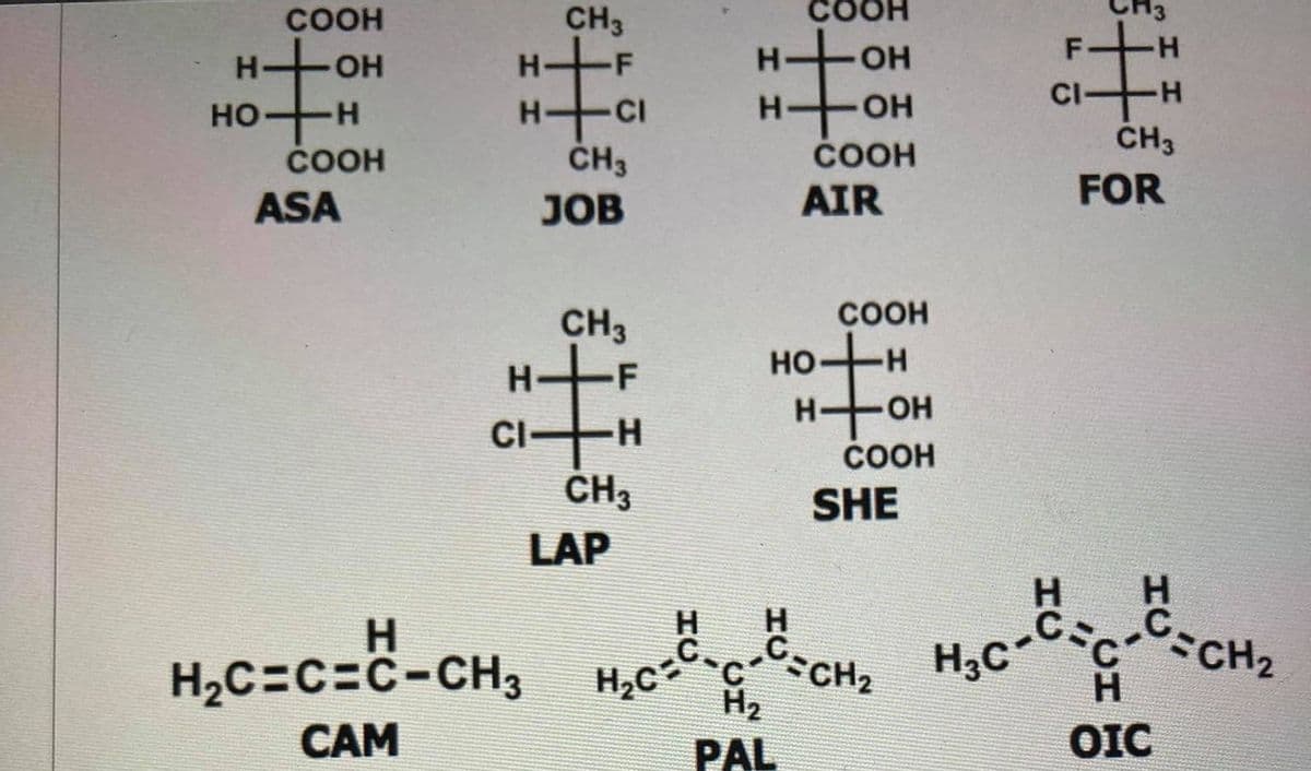 COOH
CH3
COOH
HO.
H OH
CI-
H CI
CH3
но
H OH
-
ČH3
ČOOH
СООН
ASA
JOB
AIR
FOR
COOH
CH3
H士
HO H
-H-
OH
COOH
CI
-H-
CH3
SHE
LAP
H
H
H.
H
H
H2C=C=C-CH3
CCH2 H3C c CH2
H2
H.
САМ
PAL
OIC
