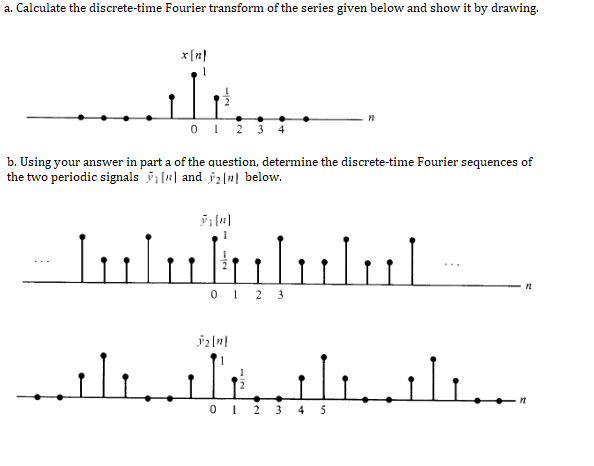 a. Calculate the discrete-time Fourier transform of the series given below and show it by drawing.
x [2)
0 1 2 3 4
b. Using your answer in part a of the question, determine the discrete-time Fourier sequences of
the two periodic signals ("] and j2 ("| below.
luluululul
o i 2 3
0 1 2 3 4 5
