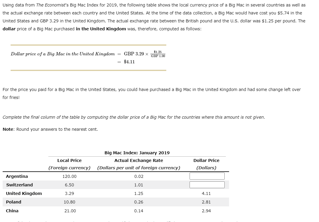 Using data from The Economist's Big Mac Index for 2019, the following table shows the local currency price of a Big Mac in several countries as well as
the actual exchange rate between each country and the United States. At the time of the data collection, a Big Mac would have cost you $5.74 in the
United States and GBP 3.29 in the United Kingdom. The actual exchange rate between the British pound and the U.S. dollar was $1.25 per pound. The
dollar price of a Big Mac purchased in the United Kingdom was, therefore, computed as follows:
Dollar price of a Big Mac in the United Kingdom = GBP 3.29 ×
= $4.11
For the price you paid for a Big Mac in the United States, you could have purchased a Big Mac in the United Kingdom and had some change left over
for fries!
Complete the final column of the table by computing the dollar price of a Big Mac for the countries where this amount is not given.
Note: Round your answers to the nearest cent.
Argentina
Switzerland
United Kingdom
Poland
China
Local Price
(Foreign currency)
$1.25
GBP 1.00
120.00
6.50
3.29
10.80
21.00
Big Mac Index: January 2019
Actual Exchange Rate
(Dollars per unit of foreign currency)
0.02
1.01
1.25
0.26
0.14
Dollar Price
(Dollars)
4.11
2.81
2.94