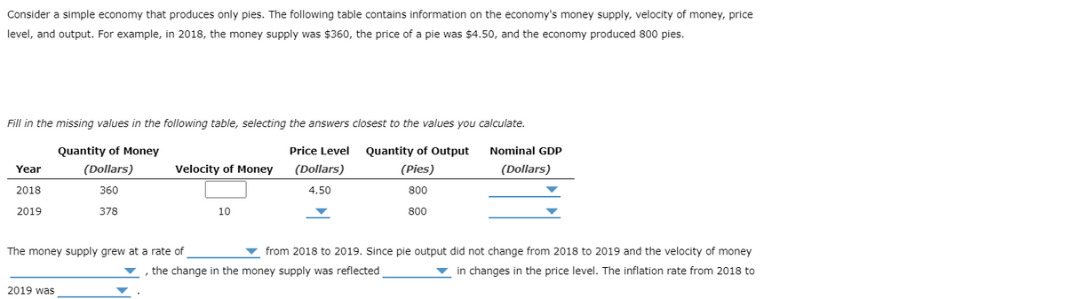 Consider a simple economy that produces only pies. The following table contains information on the economy's money supply, velocity of money, price
level, and output. For example, in 2018, the money supply was $360, the price of a pie was $4.50, and the economy produced 800 pies.
Fill in the missing values in the following table, selecting the answers closest to the values you calculate.
Quantity of Money
(Dollars)
Price Level
(Dollars)
Quantity of Output
(Pies)
Nominal GDP
(Dollars)
360
4.50
800
378
800
Year
2018
2019
Velocity of Money
The money supply grew at a rate of
2019 was
10
from 2018 to 2019. Since pie output did not change from 2018 to 2019 and the velocity of money
the change in the money supply was reflected
▼in changes in the price level. The inflation rate from 2018 to