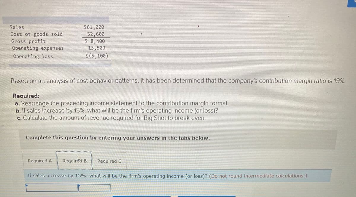 $61,000
52,600
$ 8,400
13,500
$(5,100)
Sales
Cost of goods sold
Gross profit
Operating expenses
Operating loss
Based on an analysis of cost behavior patterns, it has been determined that the company's contribution margin ratio is 19%.
Required:
a. Rearrange the preceding income statement to the contribution margin format.
b. If sales increase by 15%, what will be the firm's operating income (or loss)?
c. Calculate the amount of revenue required for Big Shot to break even.
Complete this question by entering your answers in the tabs below.
Required A
Required B
Required C
If sales increase by 15%, what will be the firm's operating income (or loss)? (Do not round intermediate calculations.)
