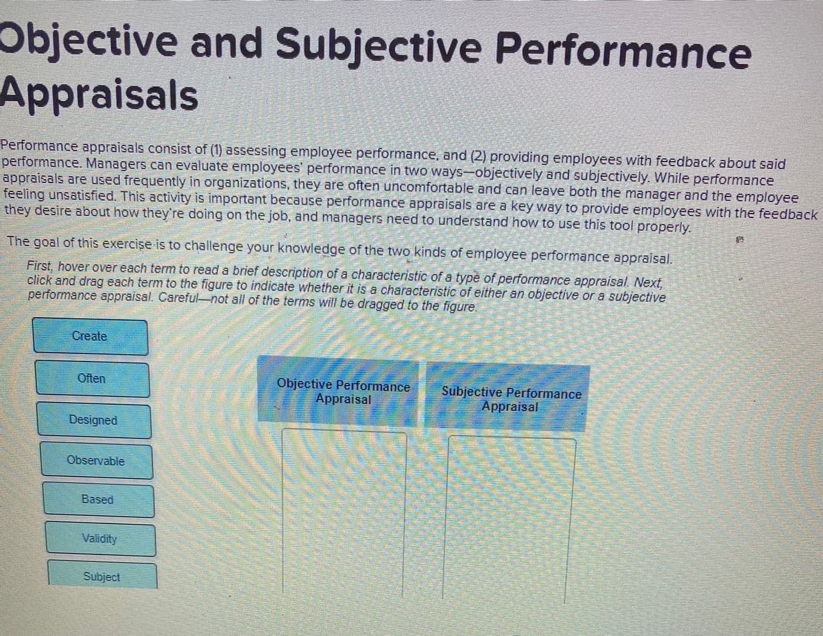 Objective and Subjective Performance
Appraisals
Performance appraisals consist of (1) assessing employee performance, and (2) providing employees with feedback about said
performance. Managers can evaluate employees performance in two ways-objectively and subjectively. While performance
appraisals are used frequently in organizations, they are often uncomfortable and can leave both the manager and the employee
feeling unsatisfied. This activity is important because performance appraisals area key way to provide employees with the feedback
they desire about how they're doing on the job, and managers need to understand how to use this tool properly.
The goal of this exercise is to challenge your knowledge of the two kinds of employee performance appraisal.
First, hover over each term to read a brief description of a characteristic of a type of performance appraisal Next,
click and drag each term to the figure to indicate whether it is a characteristic of either an objective or a subjective
performance appraisal. Careful-not all of the terms will be dragged to the figure,
Create
Often
Objective Performance
Appraisal
Subjective Performance
Appraisal
Designed
Observable
Based
Validity
Subject
