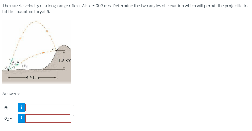 The muzzle velocity of a long-range rifle at A is u = 303 m/s. Determine the two angles of elevation which will permit the projectile to
hit the mountain target B.
1.9 km
4.4 km
Answers:
02 =
II
