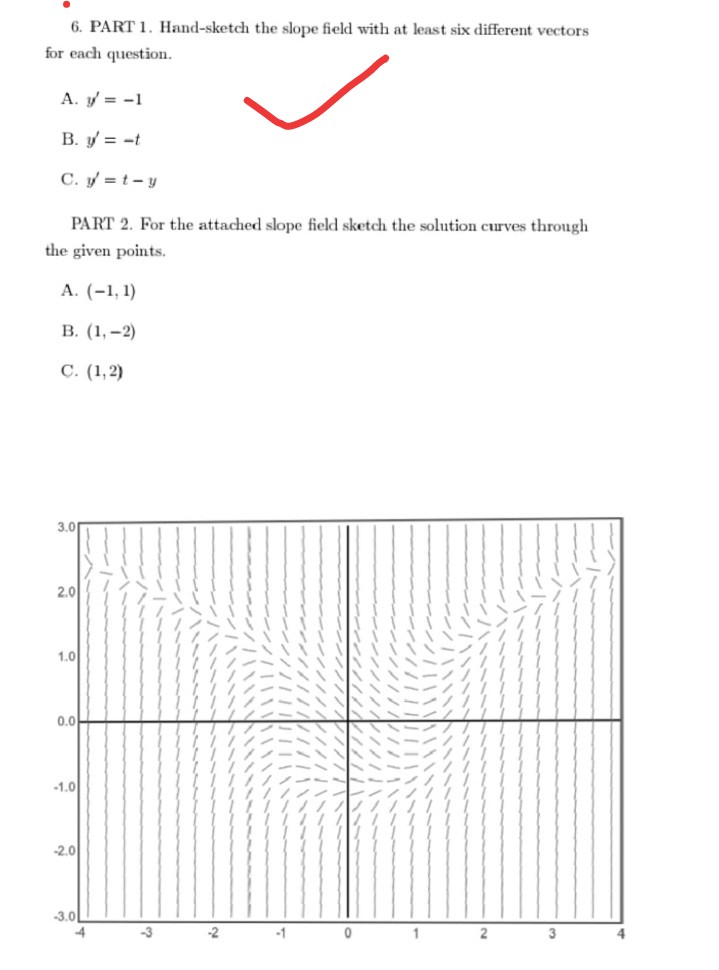 6. PART 1. Hand-sketch the slope field with at least six different vectors
for each question.
A. y = -1
B. y = -t
C. y = t- y
PART 2. For the attached slope field sketch the solution curves through
the given points.
A. (-1, 1)
В. (1,-2)
С. (1,2)
3.0
2.0
1.0
0.0
-1.0
-2.0
-3.0
4
-3
-2
-1
1
2
