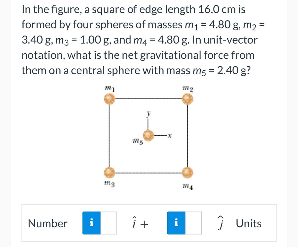 =
In the figure, a square of edge length 16.0 cm is
formed by four spheres of masses m₁ = 4.80 g, m₂ -
3.40 g, m3 = 1.00 g, and m4 = 4.80 g. In unit-vector
notation, what is the net gravitational force from
them on a central sphere with mass m5 = 2.40 g?
Number i
m1
î+
-X
i
mq
Ĵ Units