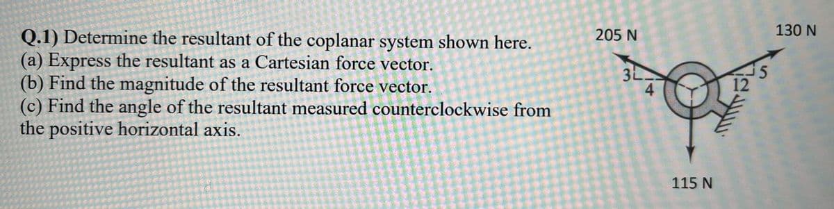 205 N
130 N
Q.1) Determine the resultant of the coplanar system shown here.
(a) Express the resultant as a Cartesian force vector.
(b) Find the magnitude of the resultant force vector.
(c) Find the angle of the resultant measured counterclockwise from
the positive horizontal axis.
3L
4
12
115 N
