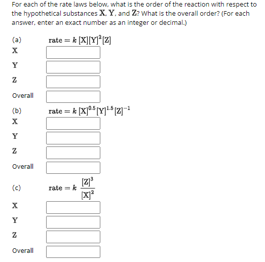 For each of the rate laws below, what is the order of the reaction with respect to
the hypothetical substances X, Y, and Z? What is the overall order? (For each
answer, enter an exact number as an integer or decimal.)
(a)
✗
Y
rate = k [X][Y]² [Z]
2
Ꮓ
Overall
(b)
-1
rate = k [X]0.5 [Y]1.5 [Z]¯1
X X 2
Y
Z
Overall
[Z]³
(c)
rate = k
(X) 2
☑>
Y
2
Ꮓ
Overall